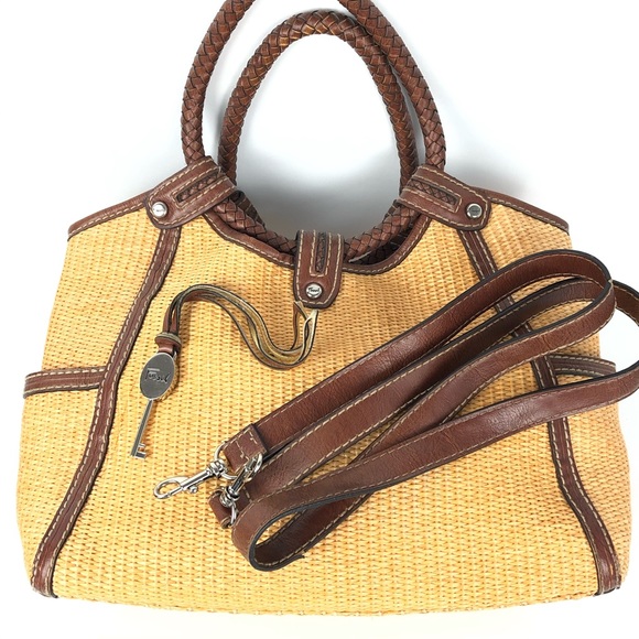 FOSSIL Woven Straw Brown Tote Satchel Purse - Picture 5 of 8